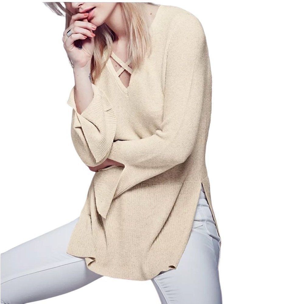 Free People Large Tunic Sweater Dress Crisscross Front Knit Top Boho Cream